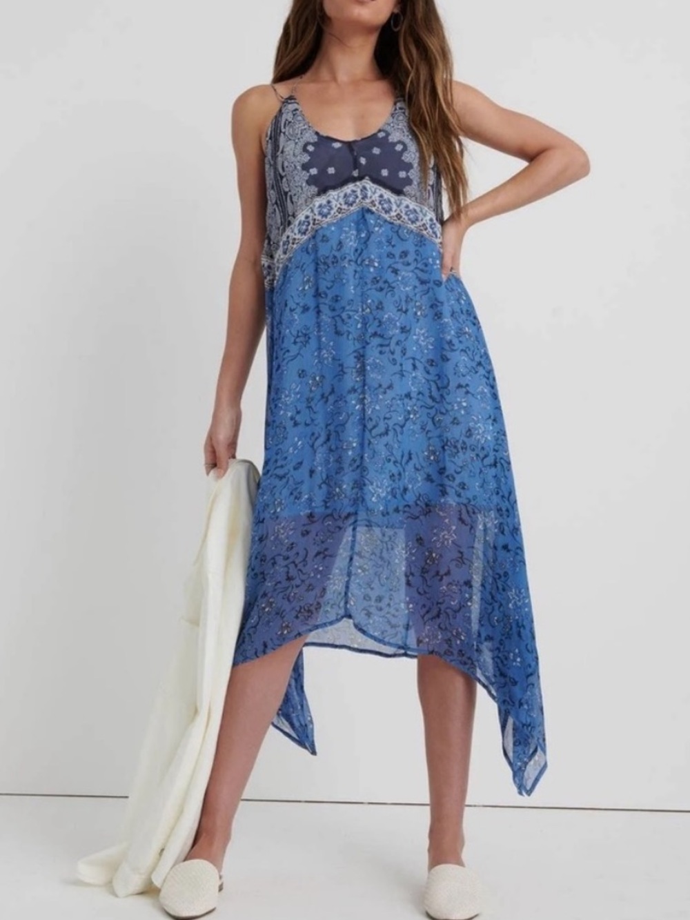 NWT Lucky Brand Navy and Light Blue Paisley Strappy Maxi Dress Size S